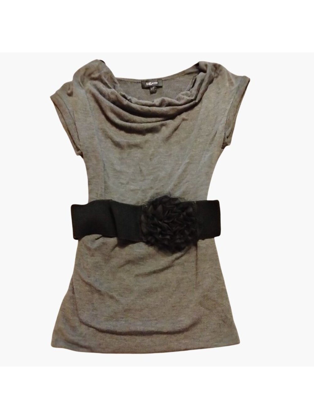 Iz Byer top Mini Dress Gray Cowl Neck Black Floral Belt Size S Small Y2K Twee